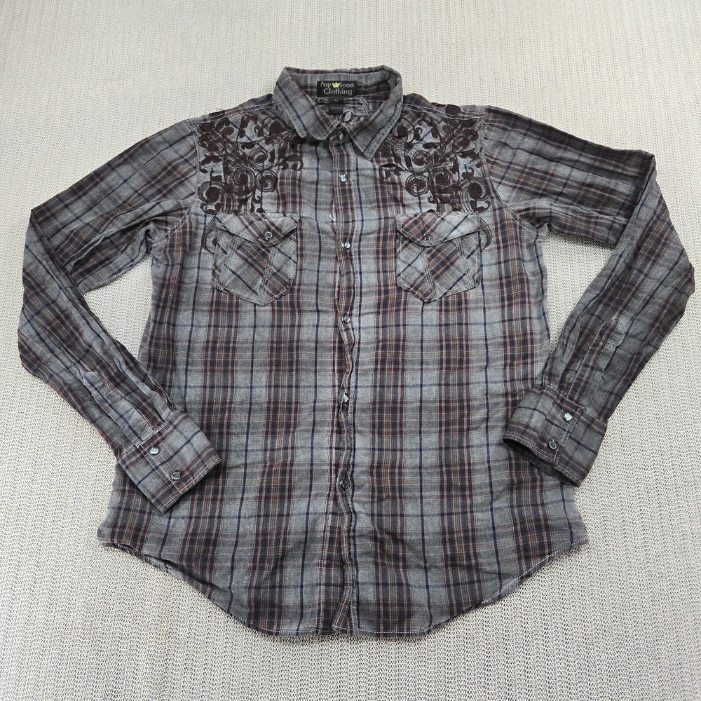 Pop Icon Clothing Pearl Snap Shirt Mens Medium Gray Biker Grunge Embroidered